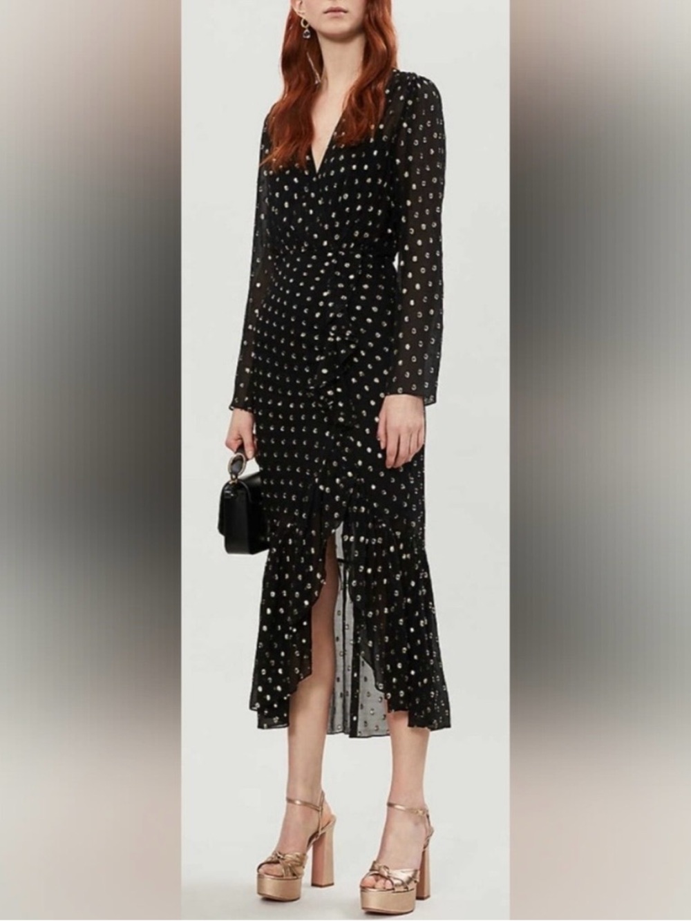 Sandro Black Polka-Dot Ruffle Wrap Midi Dress